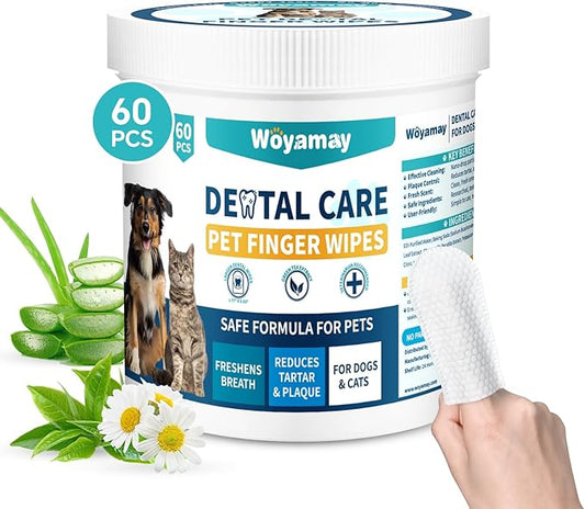 Teeth Cleaning Wipes for Dogs & Cats, Dental Wipes for Reducing Plaque & Tartar for Cats and Dogs, Disposable Gentle Breath Freshener Dental and Gum Care Finger Pet Wipes, 60 Counts
