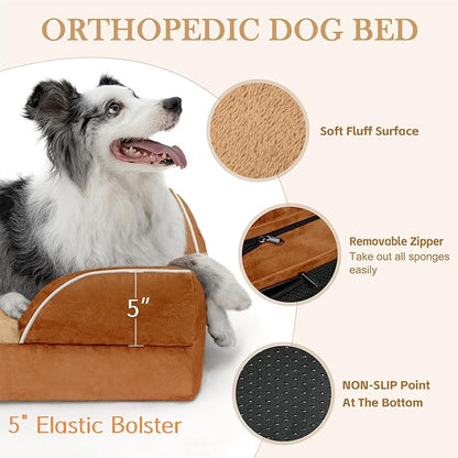 XL Dog Beds, Waterproof Dog Bed with Bolster, Extra Large Dog Beds Orthopedic, Washable Dog Bed Sofa Pet Bed with Removable Cover & Non-Slip Bottom(X-large,Caramel)