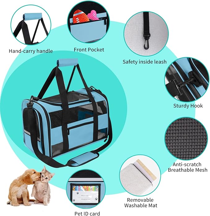 Cat Carrier Soft Sided Carrier for Small Medium Cats Puppies Dogs Up to 15 Lbs, TSA Airline Approved Pet Carrier Collapsible Travel Puppy Carrier Bag, Blue