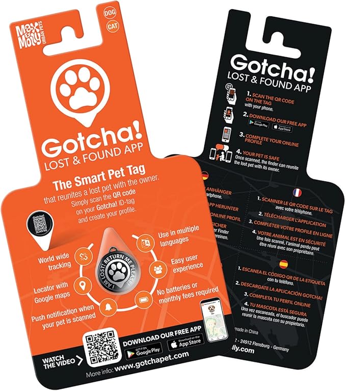 Gotcha Smart Pet ID Tag for Pets, Easily Attaches to Dog & Cat Collars and Harnesses, Contains Personalized Pet Contact Information for Quick Identification by Max & Molly