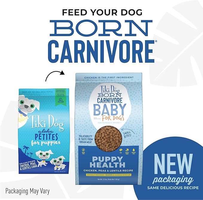 Tiki Dog Born Carnivore Baby for Dogs, Chicken, Peas and Lentils Recipe, Grain-Free Dry Dog Food Baked with Fresh Meat & Superfoods, For Puppies 5 weeks and older, 3.5 lbs. Bag - SKU 10864