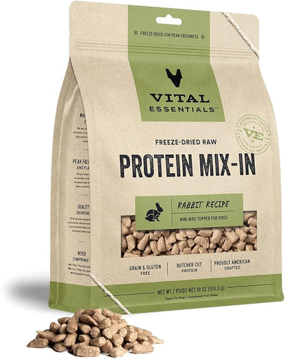 Vital Essentials Freeze Dried Raw Protein Mix-in Dog Food Topper, Rabbit Mini Nibs Topper for Dogs, 18 oz