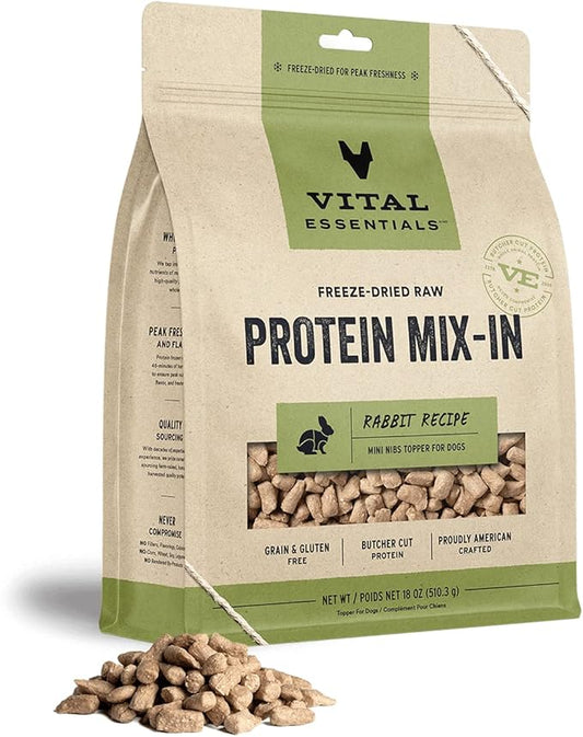 Vital Essentials Freeze Dried Raw Protein Mix-in Dog Food Topper, Rabbit Mini Nibs Topper for Dogs, 18 oz