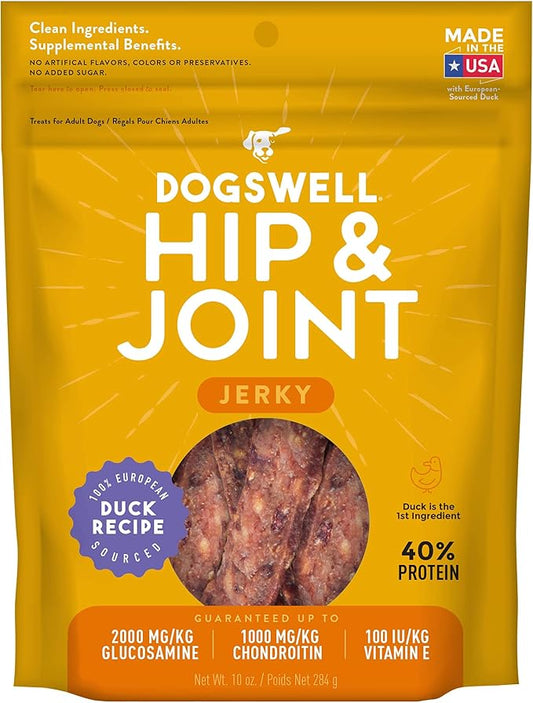 DOGSWELL Jerky Hip and Joint Dog Treats Grain Free Made in USA Only, Glucosamine and Chondroitin, 10 oz Duck (842194)