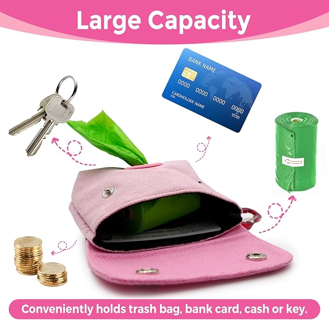 Dog Poop Bag Holder, Portable Dog Poop Bag Dispenser with 1 Metal Clip, Pink Button Canvas Poop Pag Polders for Leashes