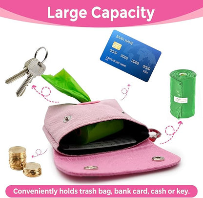 Dog Poop Bag Holder, Portable Dog Poop Bag Dispenser with 1 Metal Clip, Pink Button Canvas Poop Pag Polders for Leashes