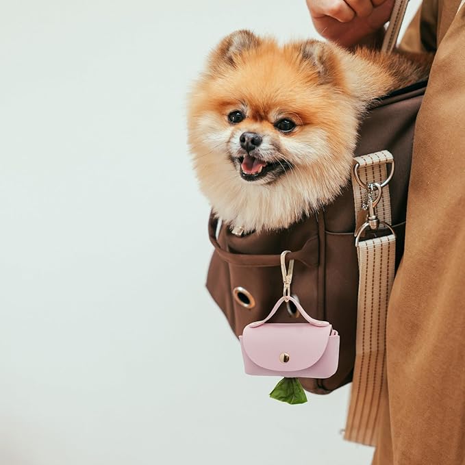 Leather Poop Bag Holder Dispenser for Leash, Portable and Reusable Dog Poop Bag Dispenser, Dog Bag Holder for Walking, Outdoor, Travelling (Pink)