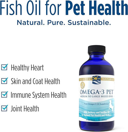 Nordic Naturals Omega-3 Pet, Unflavored - 8 oz - 1518 mg Omega-3 Per Teaspoon - Fish Oil for Medium to Large Dogs with EPA & DHA - Promotes Heart, Skin, Coat, Joint, & Immune Health