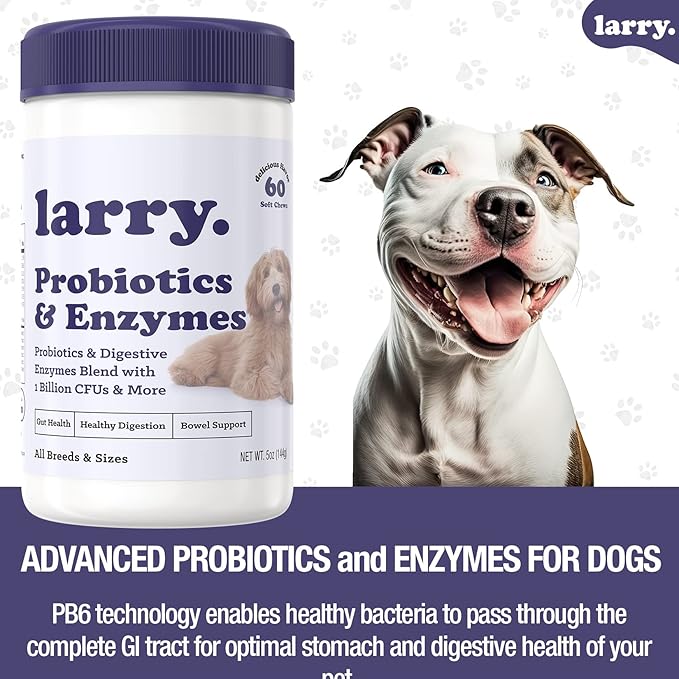 Dog Probiotics and Digestive Enzymes by Larry | 1 Billion CFUs of Probiotics for Dogs | Digestion, Bowel Support, & Gut Health for Dogs | Probiotic Chew for Dogs All Breeds & Sizes, (60 Soft Chews)