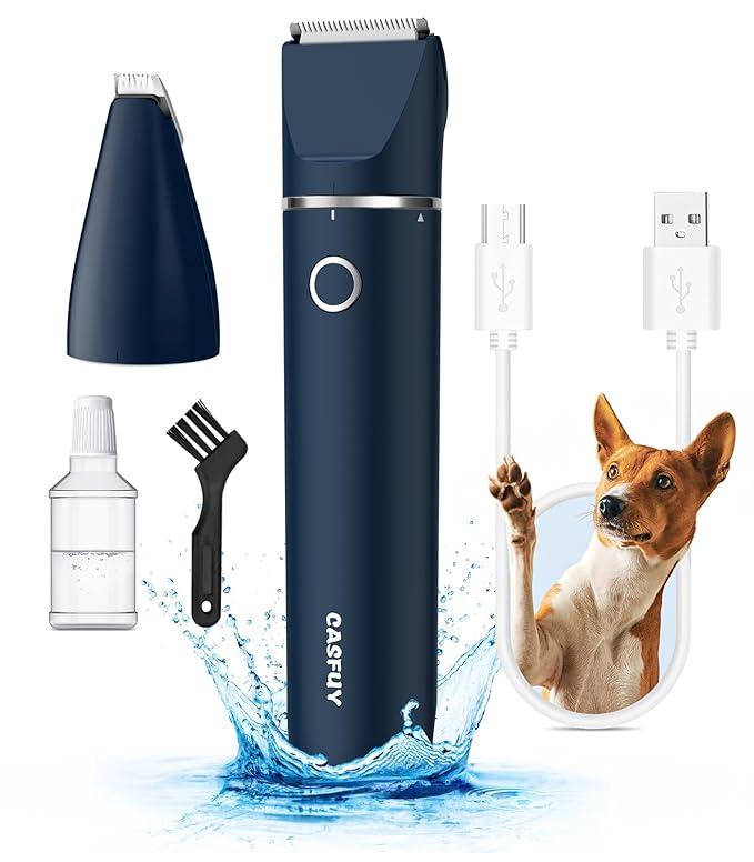 Casfuy Cordless Hair Trimmer, Low Noise Grooming Clipper for Dogs Cats & Small Pets, USB Rechargeable, Double Blades for Trimming Hair Around Paws, Eyes, Ears, Face, Rump