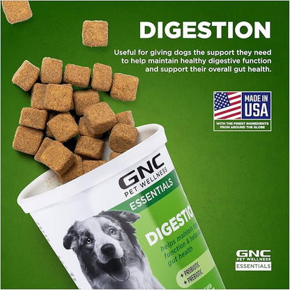 GNC Pets Essentials Digestion Supplements for All Dogs, 60ct - 3 Pack| Soft Chews Bacon Flavor 12oz Reusable Container | Daily Supplements for Dogs Digestion