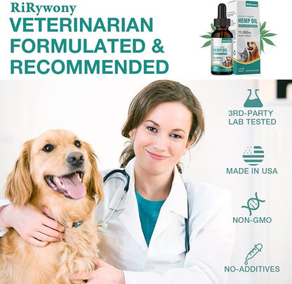 RiRywony Hemp Oil for Dogs Cats - Pure Hemp Drops for Pets Arthritis Pain Anxiety Relief Stress - Dog Herbal Supplements -Hip Joint Support Calming - Skin Health - Omega Fatty Acids - Made in USA