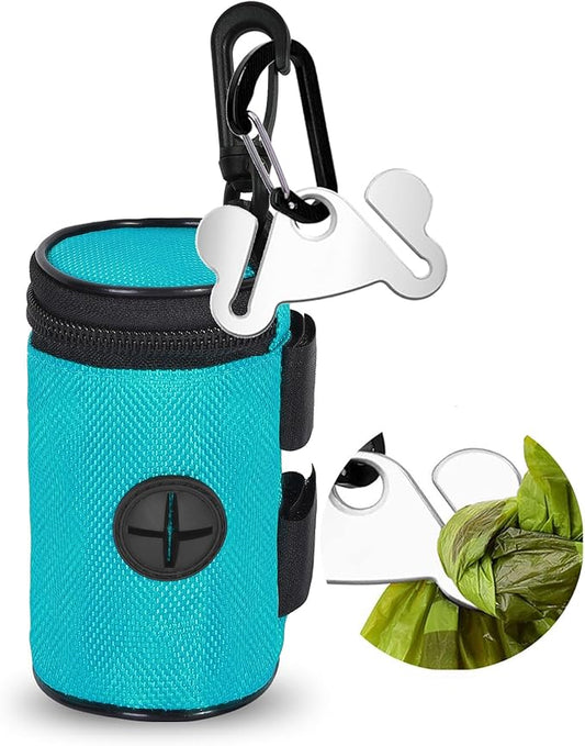 Dog Poop Bag Holder for Leash Attachment - Waste Bag Dispenser for Leash - Fits Any Dog Leash - Portable Set with Hand Free Holder Metal Carrier, Round Shape, Green