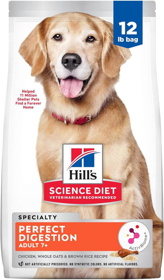 Hill's Science Diet Perfect Digestion, Senior Adult 7+, Digestive Support, Dry Dog Food, Chicken, Brown Rice, & Whole Oats, 12 lb Bag