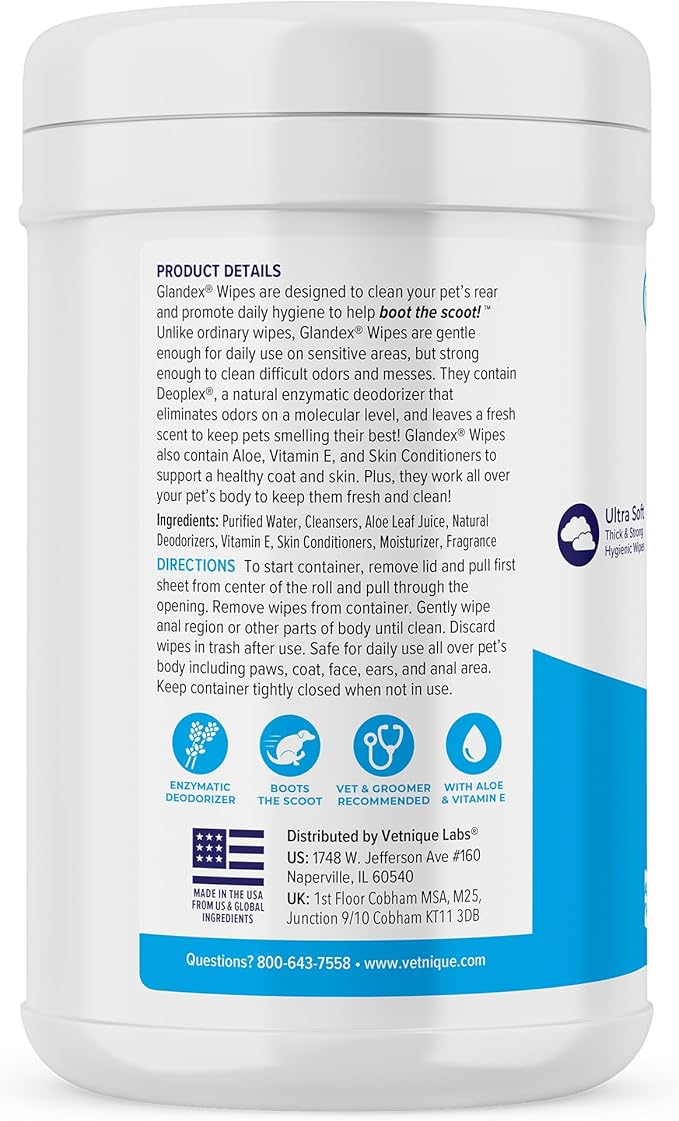 Vetnique Labs Glandex Dog Wipes for Pets Cleansing & Deodorizing Anal Gland Hygienic Wipes for Dogs & Cats with Vitamin E, Skin Conditioners and Aloe (75ct)