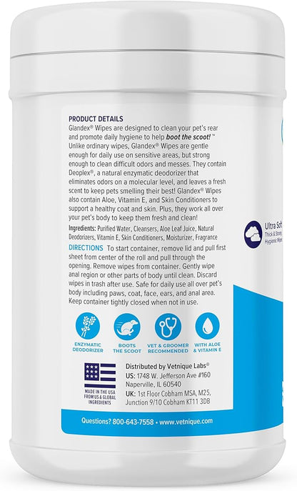 Vetnique Labs Glandex Dog Wipes for Pets Cleansing & Deodorizing Anal Gland Hygienic Wipes for Dogs & Cats with Vitamin E, Skin Conditioners and Aloe (450ct)
