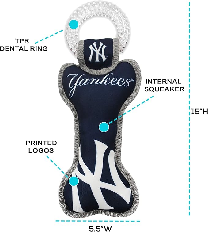 MLB New York Yankees Bone Shaped Dental Dog TUG Toy with Squeaker. Tough PET Toy for Healthy Fun, Teething, and Cleaning pet's Teeth and Gum.