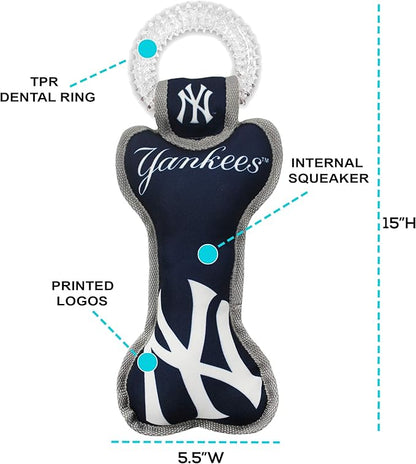 MLB New York Yankees Bone Shaped Dental Dog TUG Toy with Squeaker. Tough PET Toy for Healthy Fun, Teething, and Cleaning pet's Teeth and Gum.