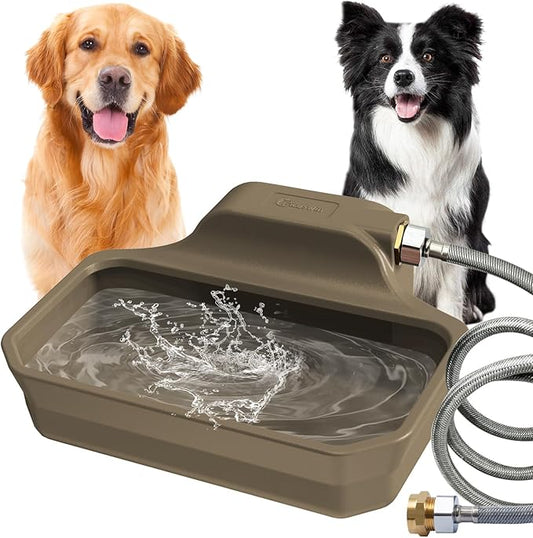 135OZ Automatic Water Dispenser for Large Dogs Patented Fit 3/4in GHT Male Faucet, Outdoor Animal Water Bowl Include Water Valve, 5ft Water Hose, Copper Connector, Large Drinking Area, Brown