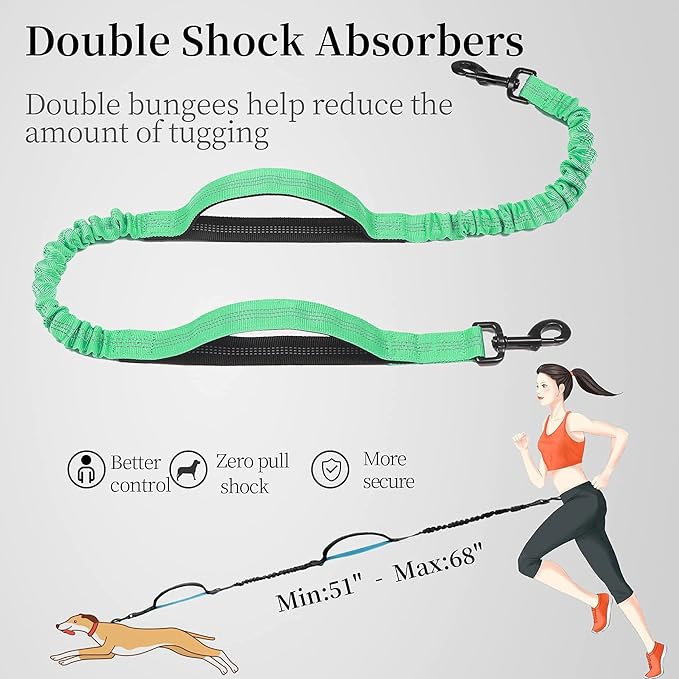 iYoShop Hands Free Dog Leash with Zipper Pouch, Dual Padded Handles and Durable Bungee for Walking, Jogging and Running Your Dog (Large, 25-120 lbs, Emerald)