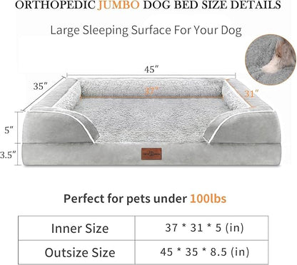 Cooling Dog Bed, Orthopedic Memory Foam Dog Bed, Jumbo Dog Bed for Extra Large Dogs, Jumbo Breed Dog Bed, Waterproof Dog Bed with Bolster & Removable Cover(Jumbo,Light Grey)