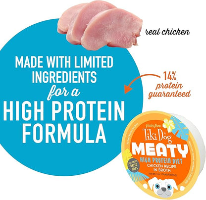 Tiki Dog Meaty – Grain Free High Protein Wet Dog Food Chicken Recipe in Broth, 4 cans, 3 oz, NO Color