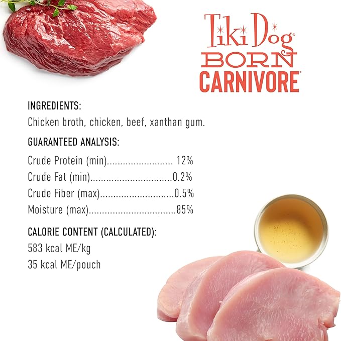 Tiki Dog Born Carnivore Protein Booster Dog Food Topper, Chicken and Beef Recipe in Broth, 2.1 oz. Pouch (12 Count)