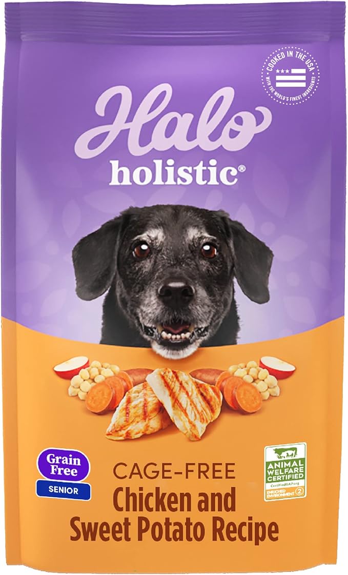 Halo Purely for Pets Holistic Dog Food, Complete Digestive Health Grain Free Cage-Free Chicken and Sweet Potato Recipe, Dry Dog Food Bag, Senior Formula, 3.5-lb Bag