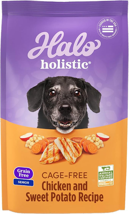 Halo Purely for Pets Holistic Dog Food, Complete Digestive Health Grain Free Cage-Free Chicken and Sweet Potato Recipe, Dry Dog Food Bag, Senior Formula, 3.5-lb Bag