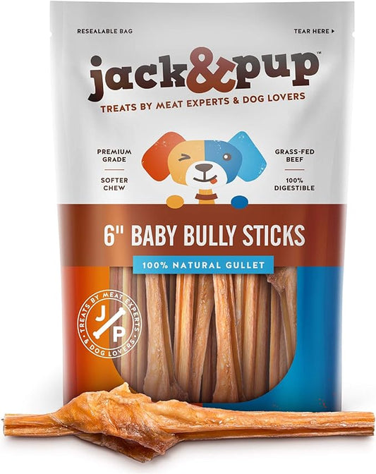 Jack&Pup Bully Sticks for Small Dogs - 6 Inch Baby Bully Stick Dog Chew (25 Pack) 6” Long Premium Grade All Natural Gourmet Puppy Treat Chews - Great for Teething Puppies