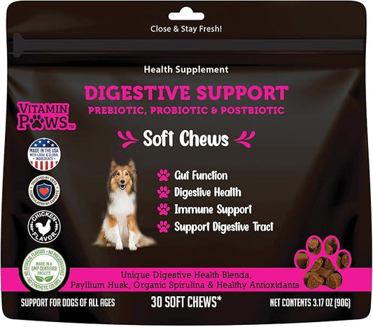 Digestive Support Probiotics, Prebiotics, Postbiotics for Dogs | Soft Chews Supplements for Itchy Skin, Ears, Paw Licking | Natural Enzymes for Canine Gut Health, Diarrhea & Bowel Support