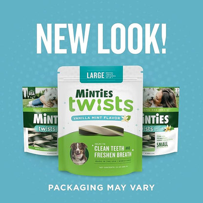 Minties Dental Twists for Dogs, Vet-Recommended Vanilla-Flavored Dental Chews for Medium/Large Dogs over 40 lbs, Dental Treats Clean Teeth, Fight Bad Breath, and Removes Plaque and Tartar, 24 oz