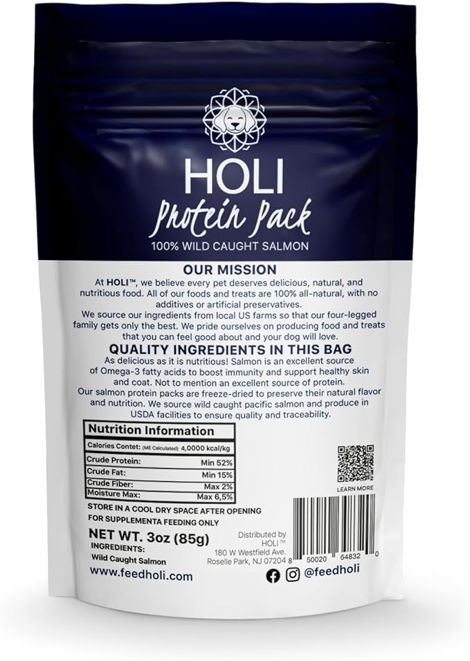 HOLI Freeze Dried Salmon Dog Food Topper - with Omega 3 & 6 - Single Ingredient, Human-Grade Wild Caught Salmon - Dog Food Flavor Enhancer for Picky Dogs – 100% All Natural - 3oz