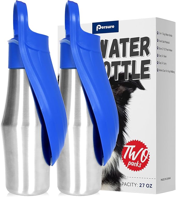 Dog Water Bottle, Portable Dog Water Bottle Dispenser - 27 OZ Stainless Steel Leak-Proof Water Bottle for Dogs On The Go, Perfect for Travel, Walking, Hiking and Outdoor Activities (2-Pack Blue)