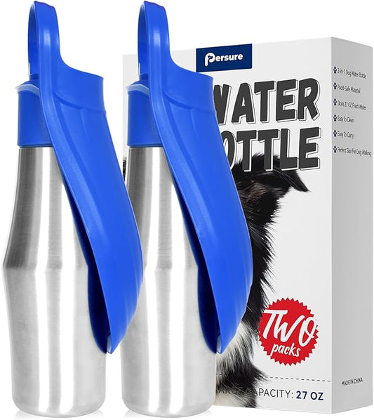 Dog Water Bottle, Portable Dog Water Bottle Dispenser - 27 OZ Stainless Steel Leak-Proof Water Bottle for Dogs On The Go, Perfect for Travel, Walking, Hiking and Outdoor Activities (2-Pack Blue)