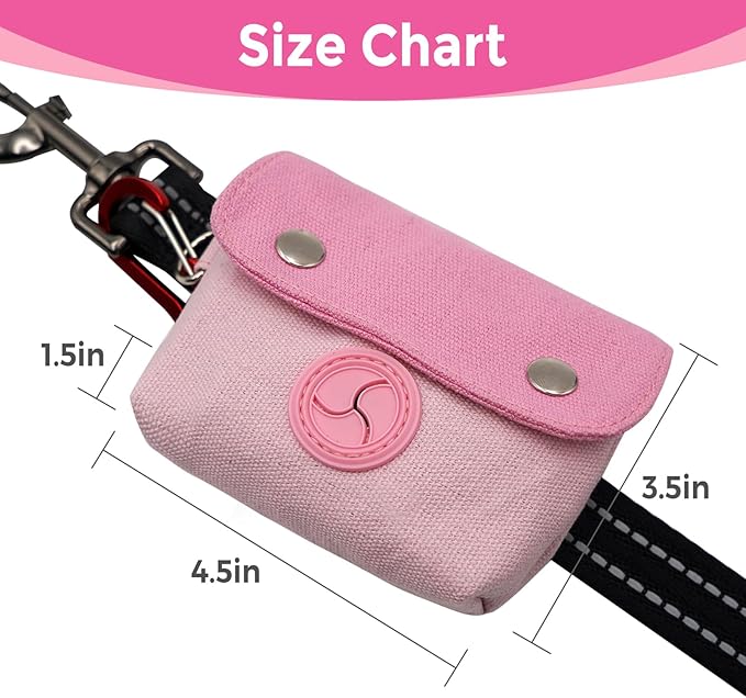 Dog Poop Bag Holder, Portable Dog Poop Bag Dispenser with 1 Metal Clip, Pink Button Canvas Poop Pag Polders for Leashes