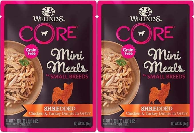 Wellness CORE Mini Meals Grain Free Small Breed Dog Wet Food 3oz Pate Chicken Entree, Chunky Chicken and Liver, Shredded Chicken Turkey Dinner in Gravy 3 Flavors 6 Pack Plus Newspaper Plush Dog Toy