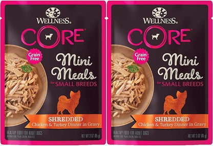 Wellness CORE Mini Meals Grain Free Small Breed Dog Wet Food 3oz Pate Chicken Entree, Chunky Chicken and Liver, Shredded Chicken Turkey Dinner in Gravy 3 Flavors 6 Pack Plus Newspaper Plush Dog Toy