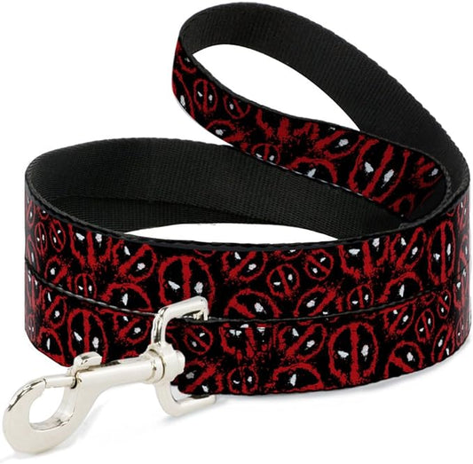 Marvel Comics Pet Leash, Dog Leash, Deadpool Splatter Logo Scattered Black Red White, 4 Feet Long 0.5 Inch Wide