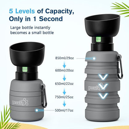 Pecute Dog Water Bottle Portable, 29oz Dog Foldable Water Bottle with Folding Bowl, Carabiner Clip, 5 Levels Capacity, 100% Food Grade Silicone, Dog Water Bottle for Outdoor Walking, Travel(Grey)