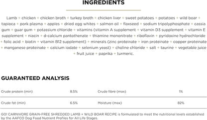 GO! SOLUTIONS Carnivore Protein Rich Wet Dog Food - Grain Free Shredded Lamb and Wild Boar - Complete & Balanced Nutrition for All Life Stages, 12.5 oz (Pack of 6)