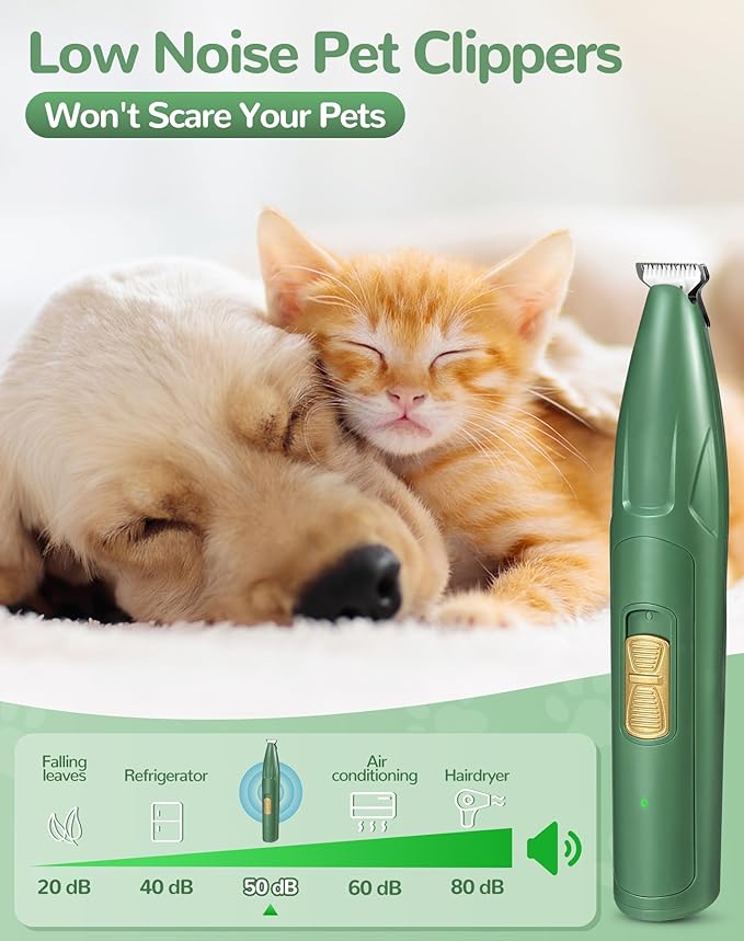 Dog Clippers for Grooming, 2 Speed Low Noise Cordless Dog Paw Trimmer, Rechargeable Small Pet Hair Trimmer for Grooming, Cat Hair Clippers Shaver for Paws, Eyes, Ears, Face, Rump (Green)