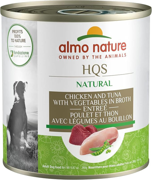 almo nature HQS Natural Chicken and Tuna Entree with Vegetables in broth, Gluten Free, Additive Free, Adult Dog Canned Wet Food, Shredded 12 x 280g/9.87 oz