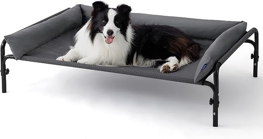 Bedsure Elevated Raised Outdoor Dog Bed - Cooling Dog Cot Bed with Bolster for Large Dog, Lifted Pet Bed with Durable Breathable Teslin Mesh, Dog Hammock Bed with Non-Slip Feet, Grey, 42 inches