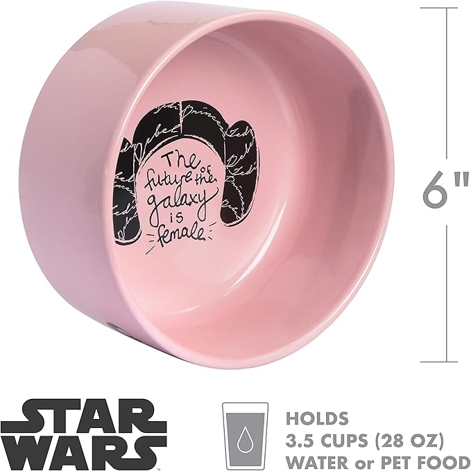 STAR WARS Princess Leia "Future is Female" Dog Bowl, 6 Inch | 6" Dog Bowl, Ceramic Dishwasher Safe STAR WARS Dog Food Bowl Holds up to 3.5 Water, Dry Food, or Wet Food,Pink,1 Count (Pack of 1),FF13175