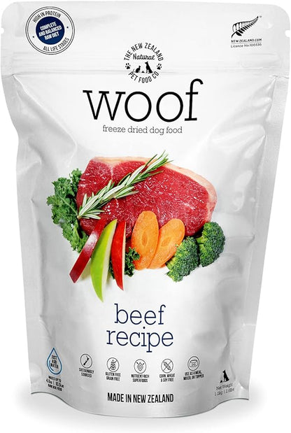 WOOF Beef Freeze Dried Raw Dog Food, Mixer, or Topper, or Treat - High Protein, Natural, Limited Ingredient Recipe 2.2 LB