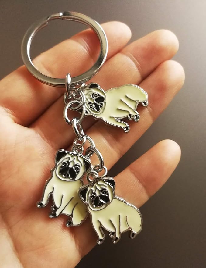 Dog Keychain, Pet Pendant Key-Ring, Cute Puppy ID Tags Metal Key Ring for Dog Lover (Pug)