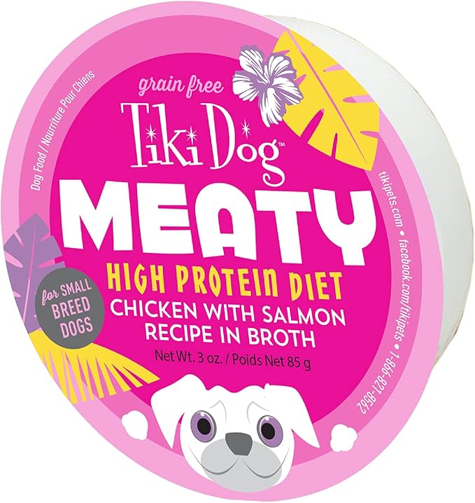 Tiki Dog Meaty – Grain Free High Protein Wet Dog Food Salmon Recipe in Broth, 4 cans, 3 oz