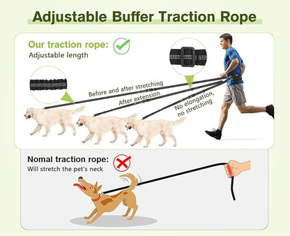 Pecute Hands Free Dog Leash with Pouch, Waist Belt Fanny Pack with Soft Pads, Dual Padded Handles and Durable Bungee for Walking, Hiking, Jogging Biking, and Running (Up to 220lbs) Black