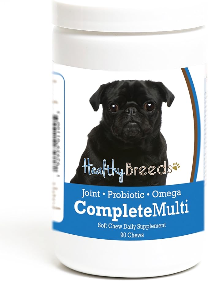 Healthy Breeds Pug All in One Multivitamin - Complete with Probiotics, Glucosamine, Chondroitin & Omegas - 90 Soft Chewy Treats